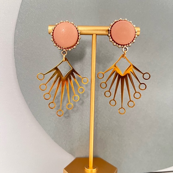 Gold & Pink Art Nouveau-Inspired Dangle Earrings - Trendy Retro Earrings - Picture 6 of 12